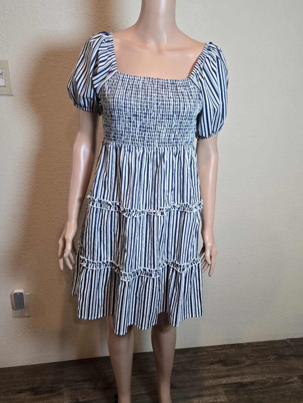 Just Found Blue and White Striped Smocked Puff-Sleeve Dress Size Large
